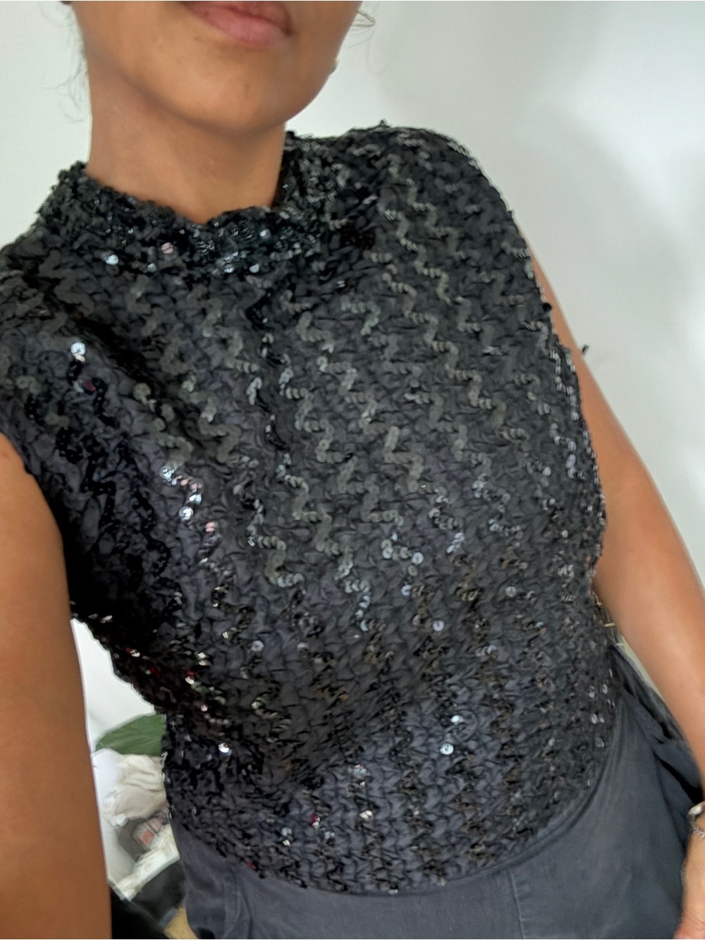 Black Sequin Mock- Neck Cocktail Top